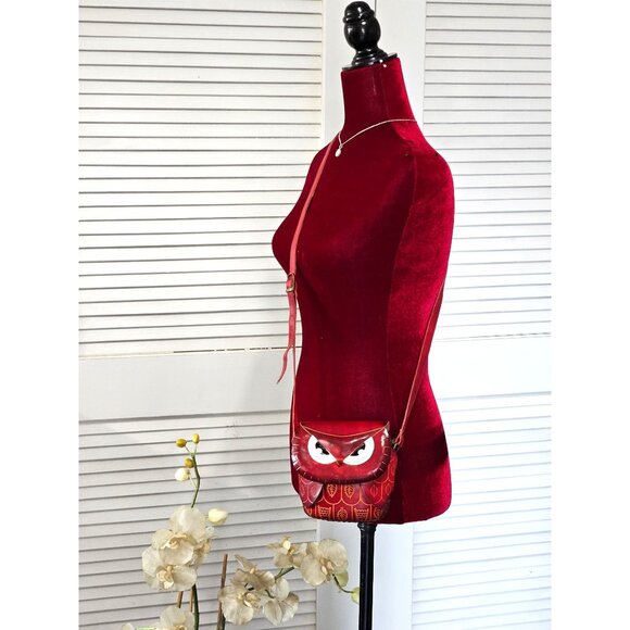 Art93 Women's Red Leather Owl Hand-Stitched Crossbody Purse Size Small 1699 - Picture 10 of 11
